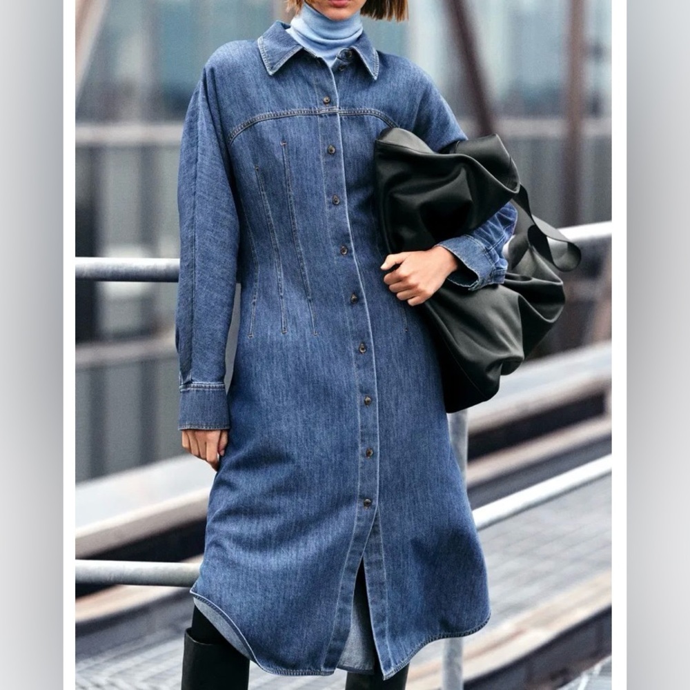COS - women’s Oversized Waisted Denim shirt midi dress blue jeans button down 14 - Picture 2 of 11
